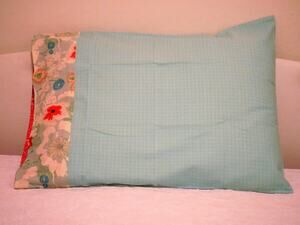 Handmade Aqua Pillowcase, Floral Print Border Standard Size